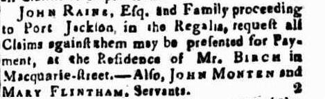 Classified Advertising (1819, December 18). The Hobart Town Gazette and Southern Reporter (Tas. : 1816 - 1821), p. 2. Retrieved December 6, 2019, from http://nla.gov.au/nla.news-article656985