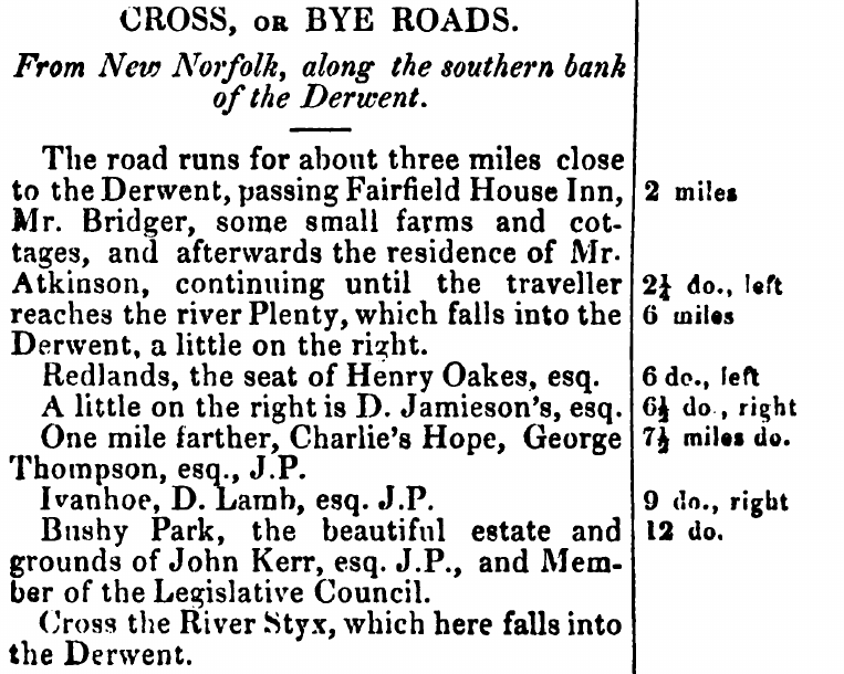 Cross or bye roads - the road from New Norfolk to the Styx